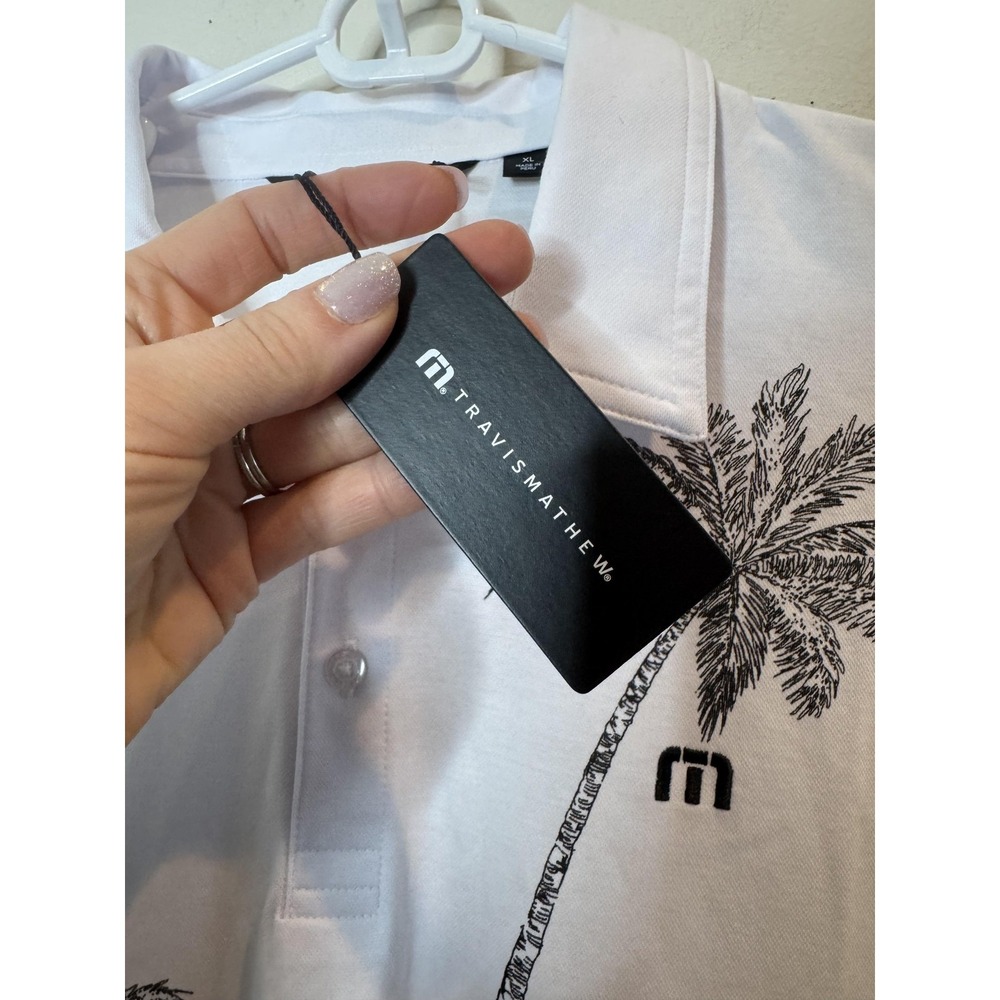 TravisMathew Polo Shirt Mens XL White Palm Tree Print Golf Tropical Short Sleeve - Picture 6 of 8